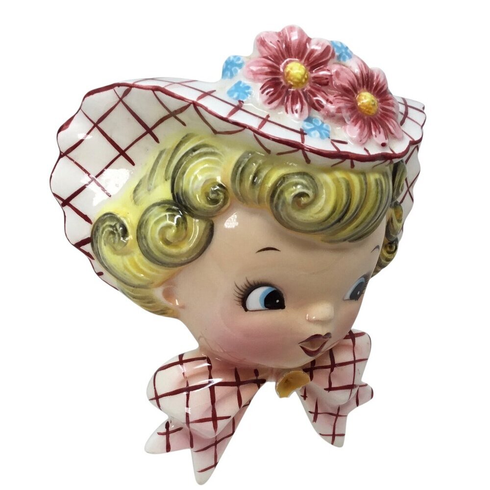 Lefton 6767 Miss Dainty Wall Pocket 1956 Vintage Vase HTF Blond Girl Bonnet Bow - Picture 3 of 9
